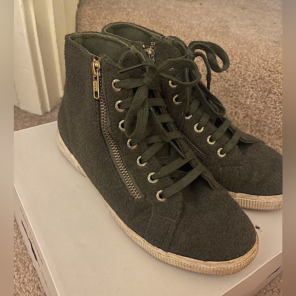 Olive green Superga high top sneakers. Wool x polyester